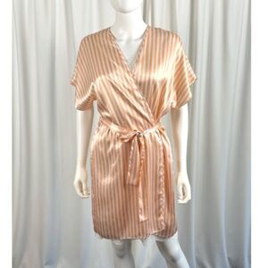 Vintage 1990’s ‘Linda Bis’ Peach & White Striped Satin Robe - Wrap - Belt - S/M